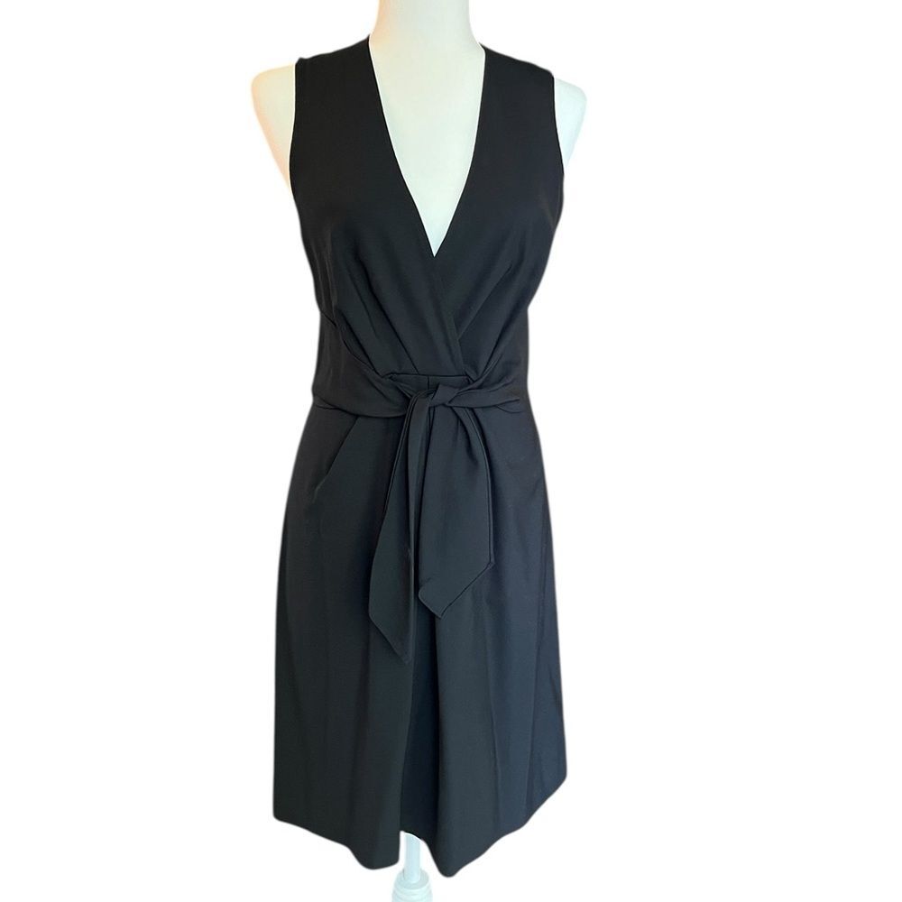 Theory Tie Front Kenza Dress Sleeveless Black Pleated V Neck A Line Womens 6